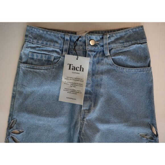 Tach x Free People Sz XS Blue Jazmin Cut-Out Flower Embroidered Denim Jeans - Picture 6 of 12